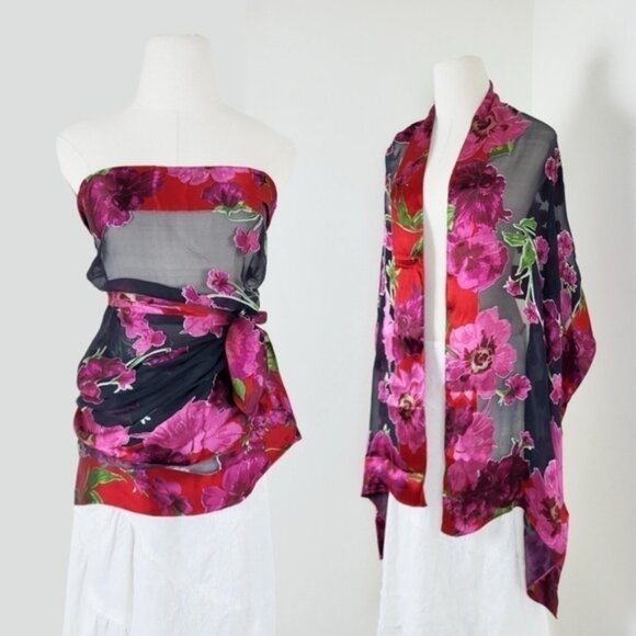 Vintage Sheer Floral Scarf Rectangular Shawl Top Cover-up - Picture 2 of 6